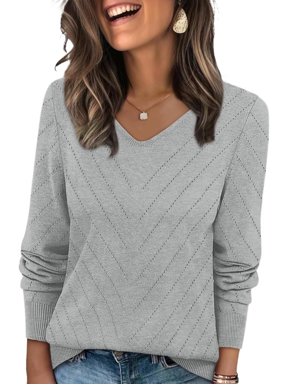 Women's Grey Blue V Neck Casual Knit Long Sleeve Lightweight Pullover Sweaters